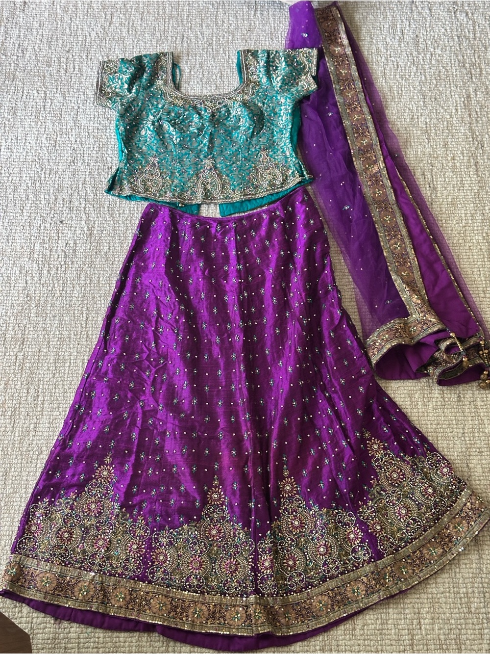 Purple Embellished Lehenga Skirt with Teal Embroidered Blouse